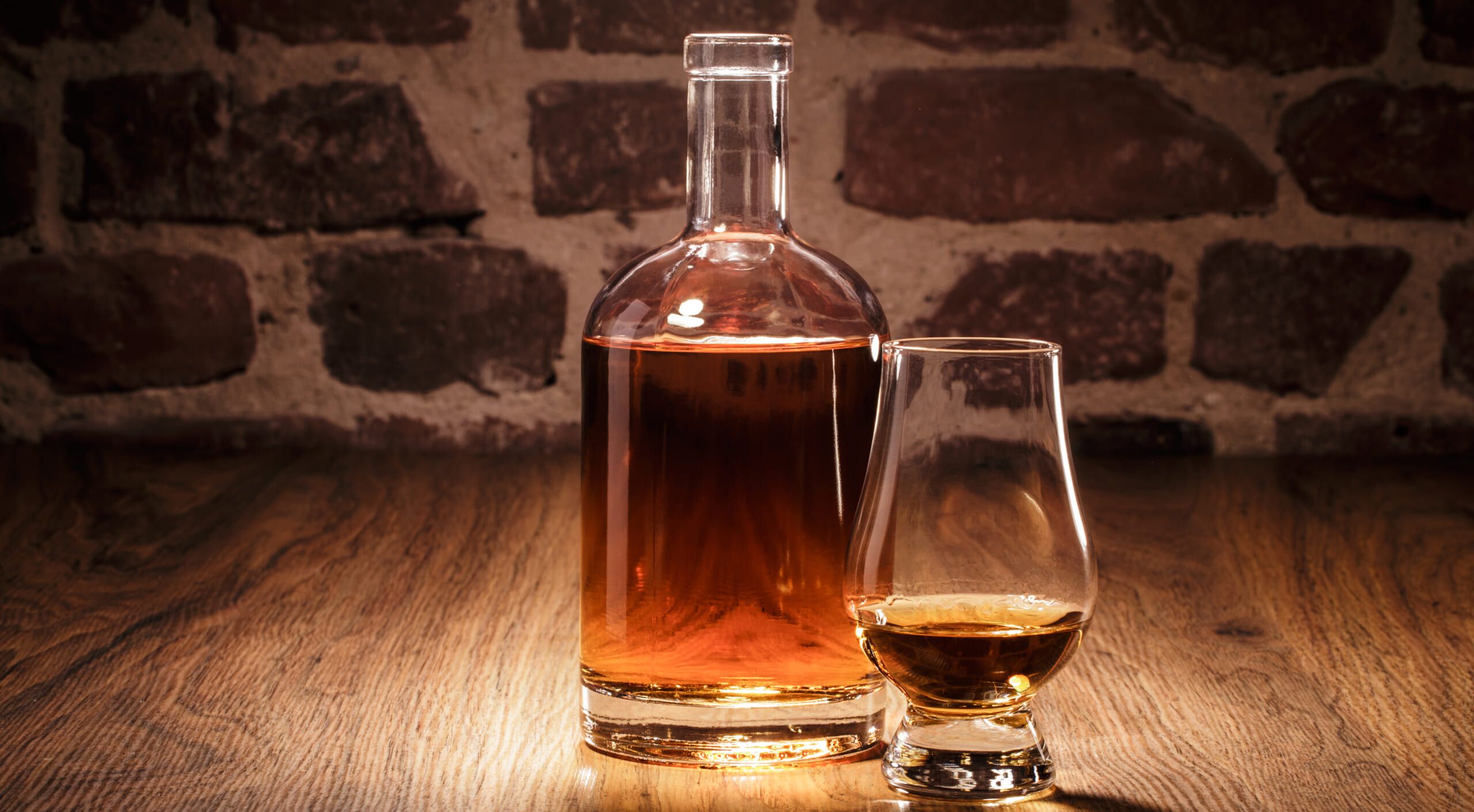Liquor in a decanter and glass.