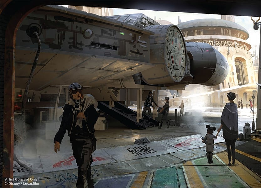Artist's concept of folks boarding the iconic Millennium Falcon