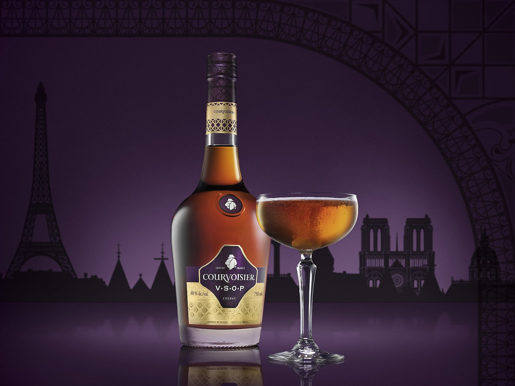 Courvoisier VSOP US 750ML Bottle & Coupe Gls with Purple Skyline Bkg.jpg