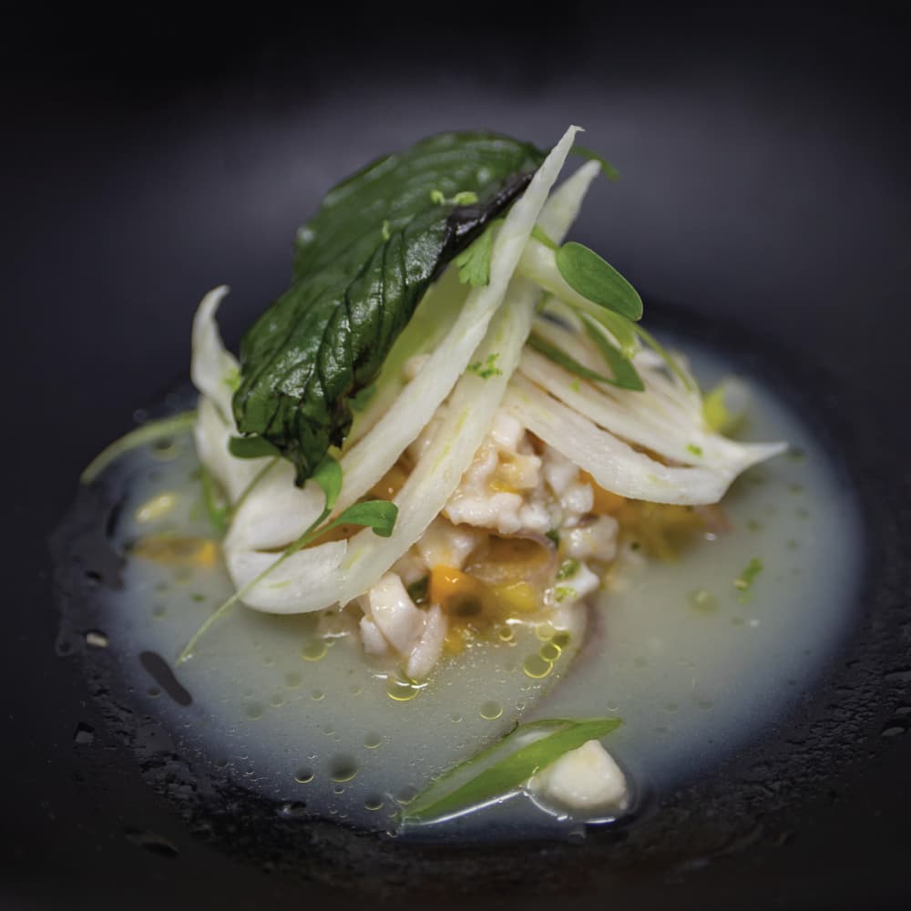 Chef Day's Sea Bass Ceviche with Fresh Mango, Key LIme Juice, Passionfruit, Shallots, Fennel and Fried Thai Basil