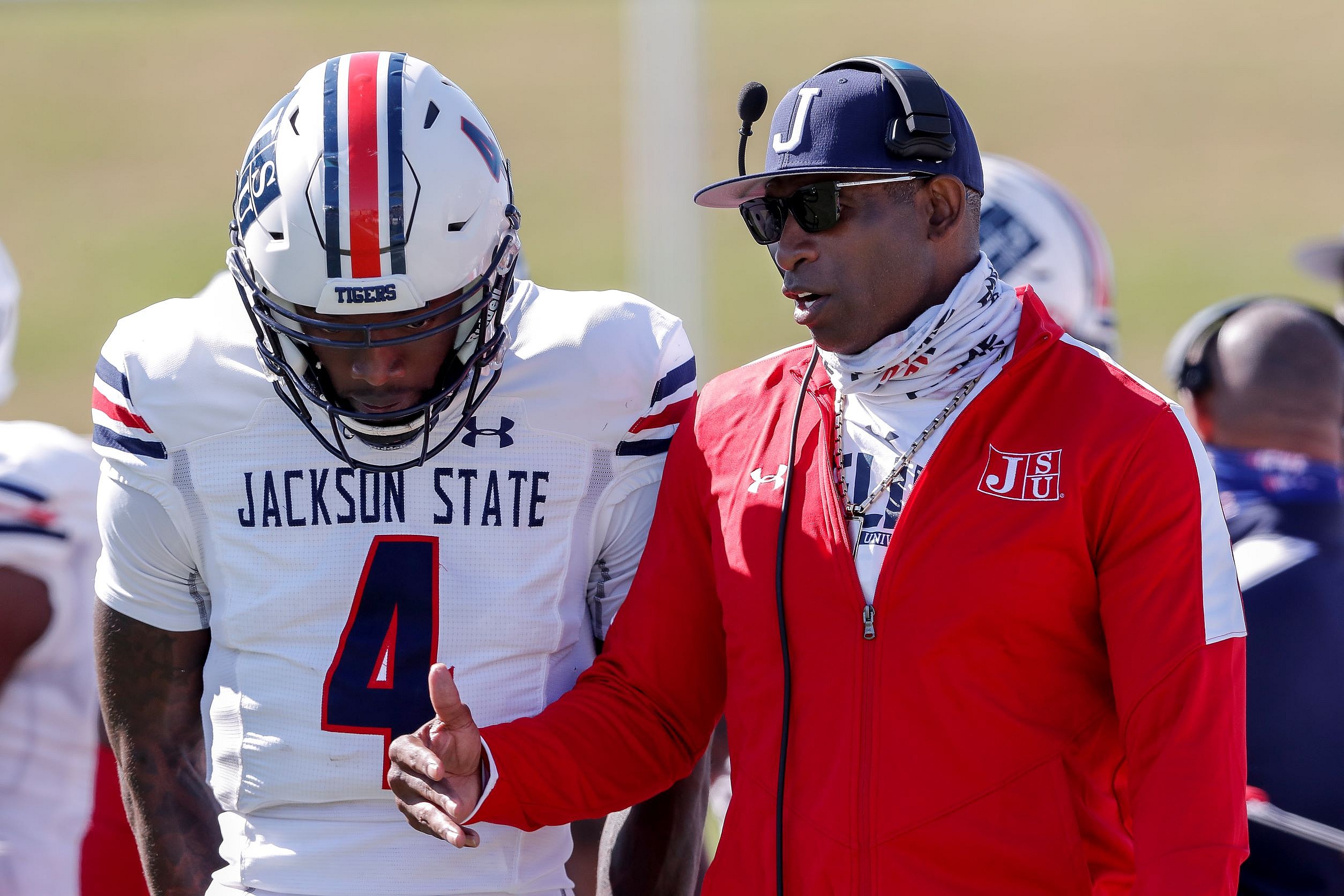 Head Coach Deion Sanders and Jalon Jones of the Jackson State Tigers final