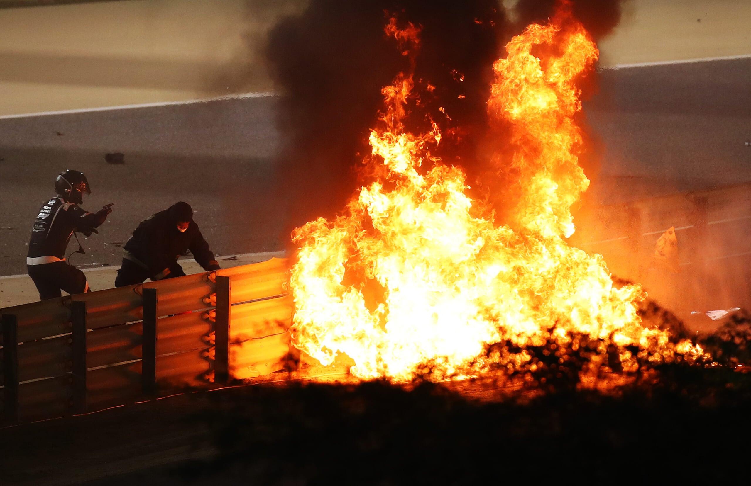 GettyImages-1288427782 Fiery crash of Romain Grosjean of France and Haas F1 during the F1 Grand Prix of Bahrain on November 29, 2020 in Bahrain, Bahrain.