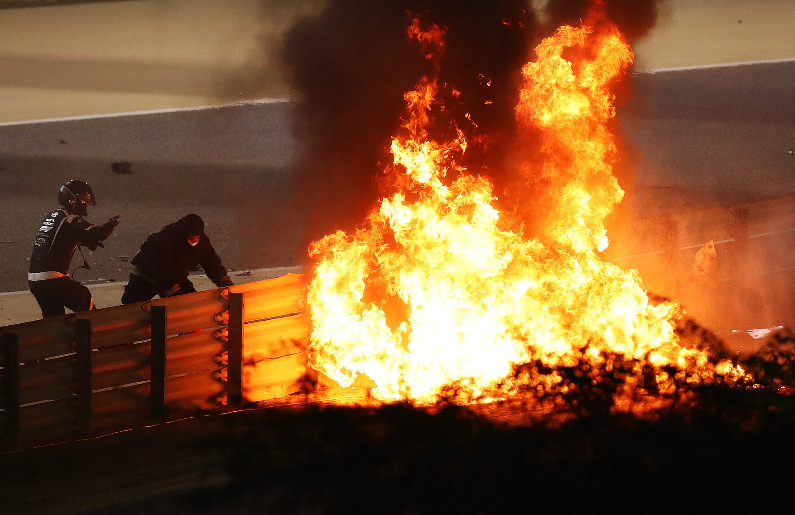 GettyImages-1288427782 Fiery crash of Romain Grosjean of France and Haas F1 during the F1 Grand Prix of Bahrain on November 29, 2020 in Bahrain, Bahrain.