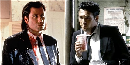 John Travolta as Vincent Vega and Michael Madsen as Victor Vega