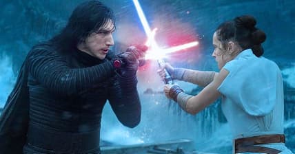 Kylo Ren (Adam Driver) and Rey (Daisy Ridley) locked in combat in The Rise of Skywalker.