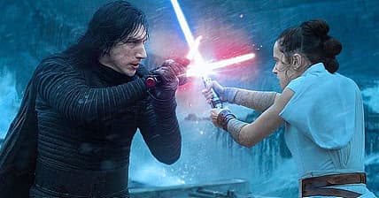 Kylo Ren (Adam Driver) and Rey (Daisy Ridley) locked in combat in The Rise of Skywalker.