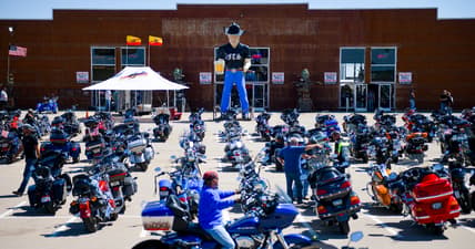 A motorcycle rider outside the Full Throttle Saloon during the 80th Annual Sturgis Motorcycle Rally in Sturgis