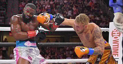 Jake Paul fights Tyron Woodley during Showtime pay-per-view event at Rocket Mortgage Fieldhouse on August 29