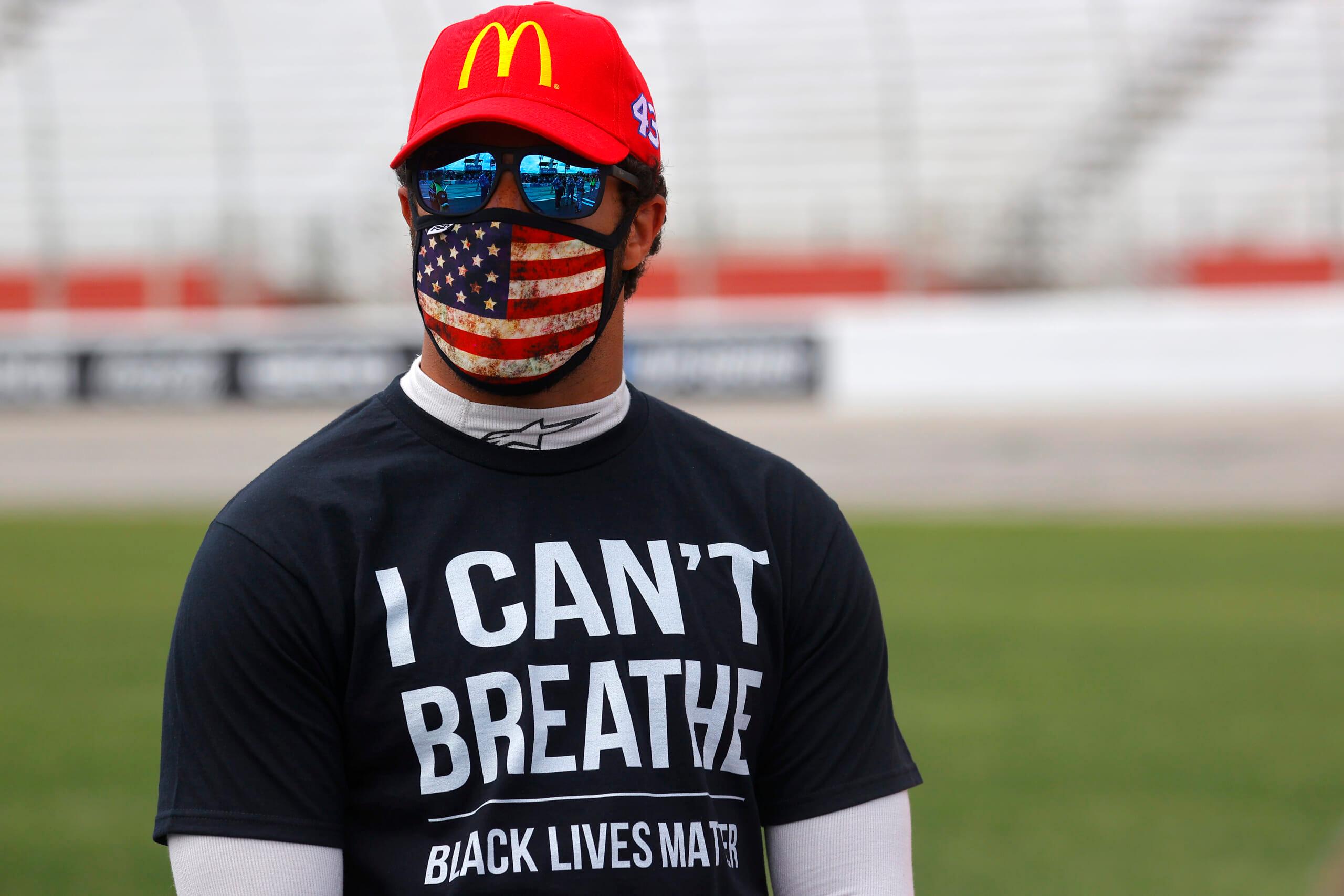 GettyImages-1247964010 Bubba Wallace, driver of the #43 McDonald's Chevrolet, wears a
