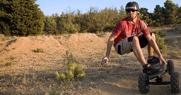 Maverix Border X off-road elecric skateboard -rider.jpg Dirt-drifting on a board—that's new!