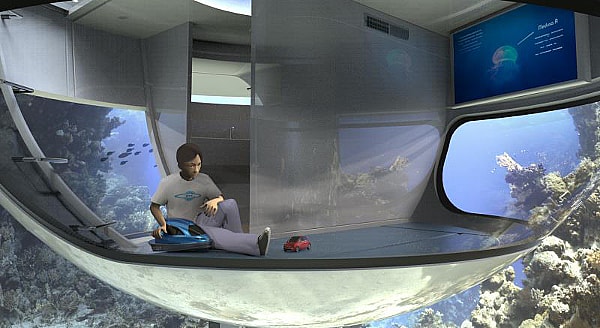 Jet Capsule Unidentified Floating Object - interior lower.jpg Watch TV, workout and take a shower on the lower deck