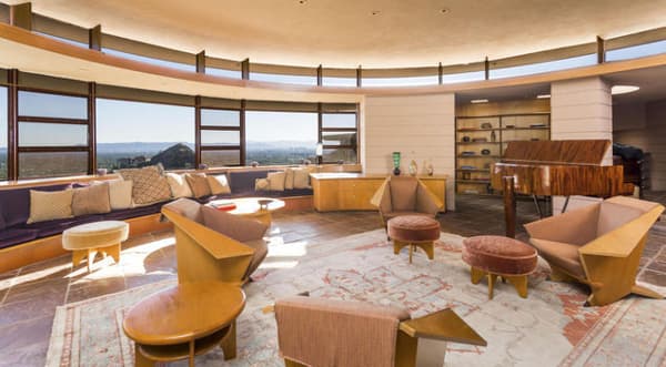 The great room flaunts the house's included furniture