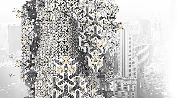 The Hive Drone Skyscraper - close.jpg An intricate facade of moving hydraulics, hinges and landing platforms