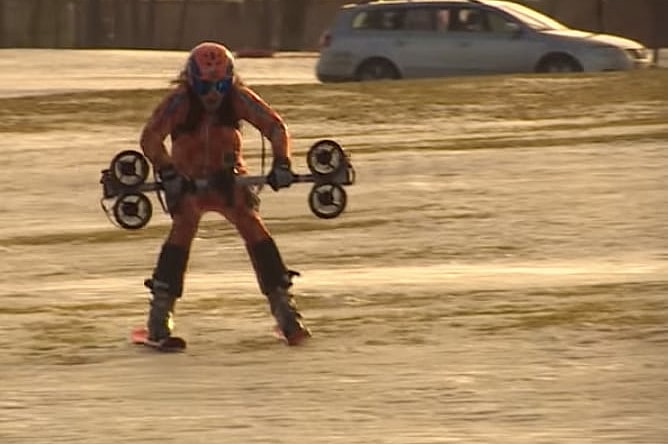 Pia Rivelsrud sets the jet thruster speed record on a mostly icy field