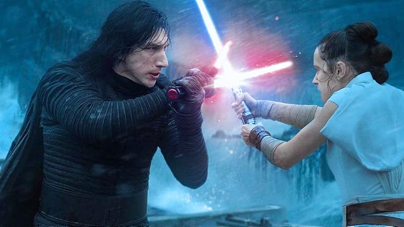 Kylo Ren (Adam Driver) and Rey (Daisy Ridley) locked in combat in The Rise of Skywalker.