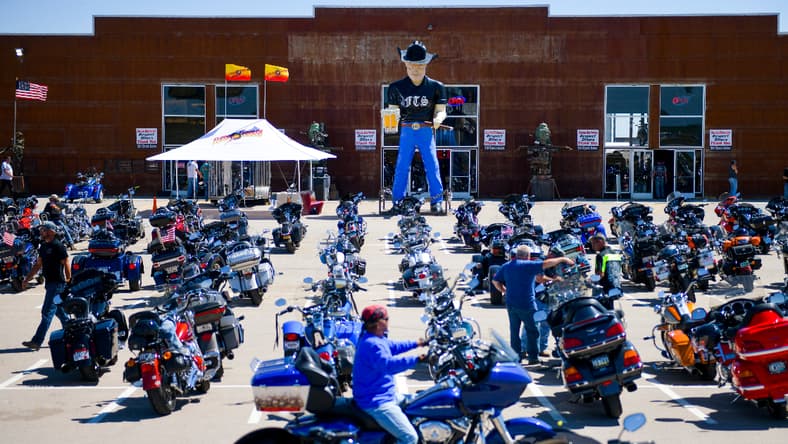 A motorcycle rider outside the Full Throttle Saloon during the 80th Annual Sturgis Motorcycle Rally in Sturgis