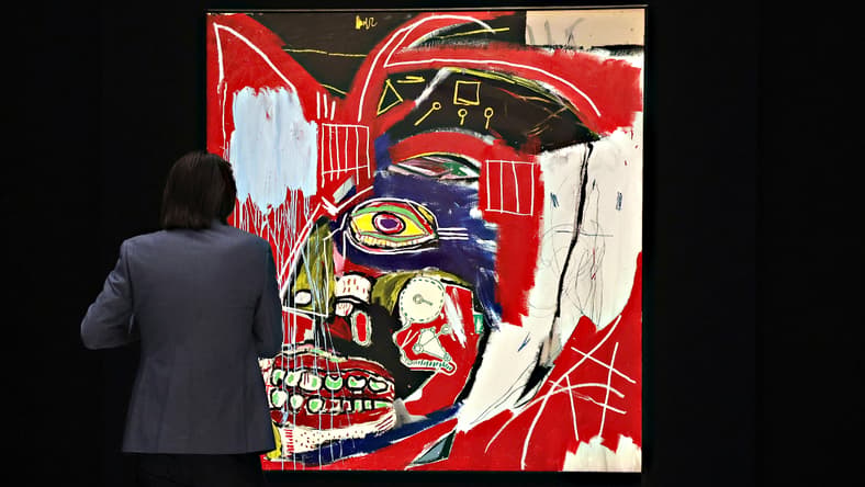 'In This Case' by Jean-Michel Basquiat on display at a preview of the 21st Century Evening Sale at Christie's on May 07