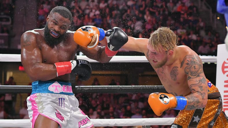 Jake Paul fights Tyron Woodley during Showtime pay-per-view event at Rocket Mortgage Fieldhouse on August 29