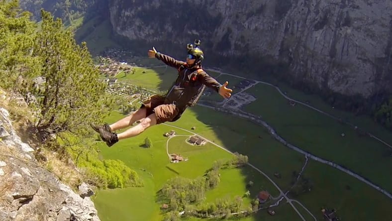 A base jumper equipped with a GoPro