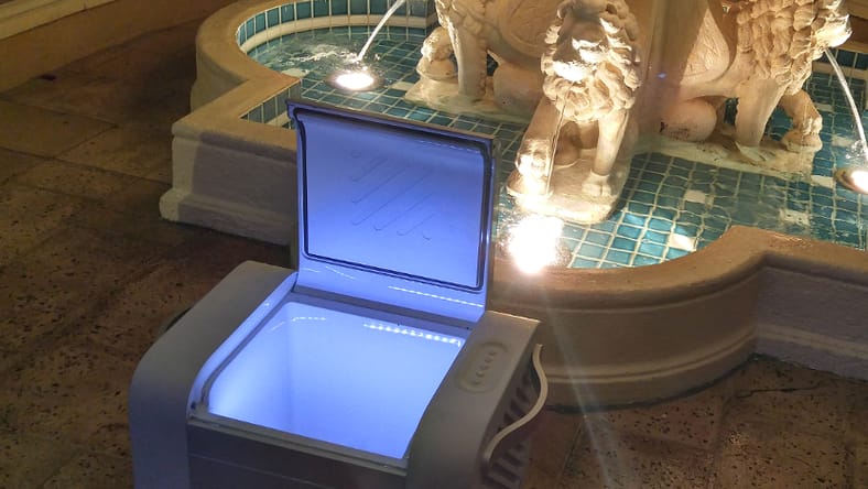The Kube cooler features bright lights and big audio