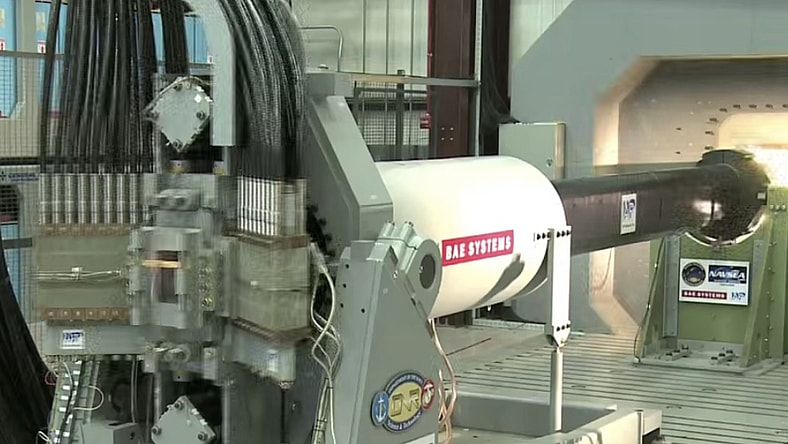 An electromagnetic railgun prototype fires