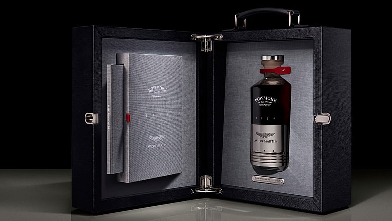 bowmore and aston martin whisky collab promo
