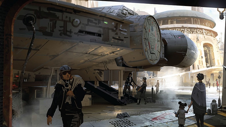 Artist's concept of folks boarding the iconic Millennium Falcon