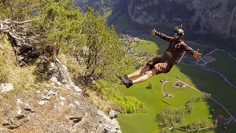 A base jumper equipped with a GoPro