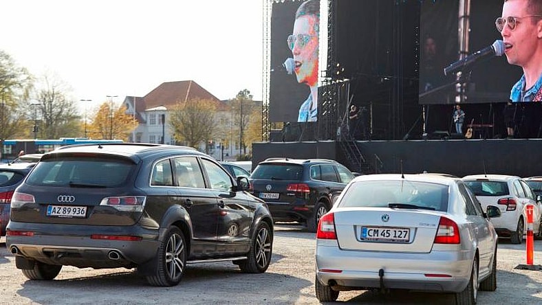 Image from a drive-in music concert that took place in Denmark in April 2020.