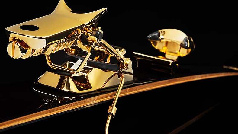 Gold-plated bindings highlight these $50K skis