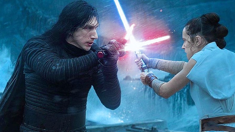 Kylo Ren (Adam Driver) and Rey (Daisy Ridley) locked in combat in The Rise of Skywalker.