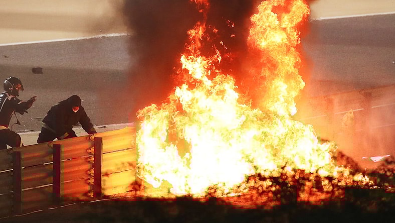 Fire following the crash of Romain Grosjean of France and Haas F1 during the F1 Grand Prix of Bahrain on November 29