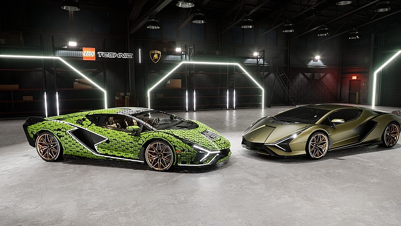 All-lego Lambo Sian on the left