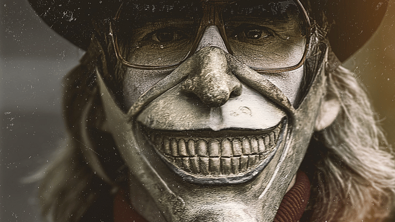 Ethan Hawke in a creepy mask in a still image for "The Black Phone."