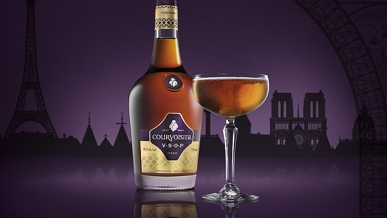 Courvoisier VSOP US 750ML Bottle & Coupe Gls with Purple Skyline Bkg.jpg