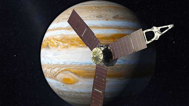 Juno arriving at Jupiter. (Image: Artist's conception/NASA)