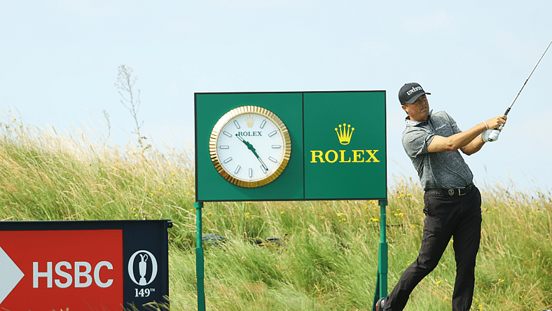American golf pro Ryan Palmer plays his shot from the 11th tee on Day One of The 149th Open at Royal St George’s Golf Club.