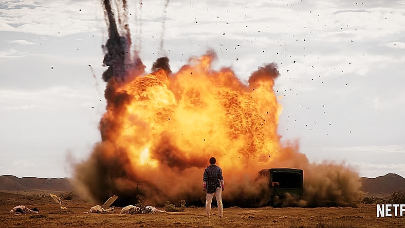Explosion in scene from Stranger Things Season 4