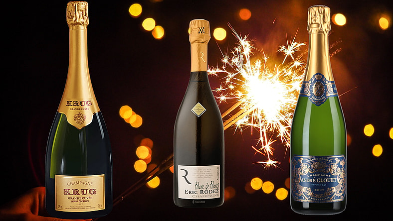 three champagnes from Krug, Rodez, and Clouet