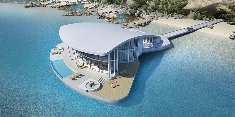 Schopfer Associates Sting Ray Floating Home - pool and tail.jpg The driveway is your sole link to land (Photo: Schopfer Associates)