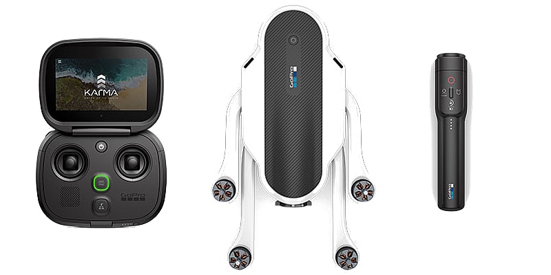 GoPro Karma drone camera system - accessories.jpg The clamshell controller, folded Karma and handheld stabilizer (Photo: GoPro)