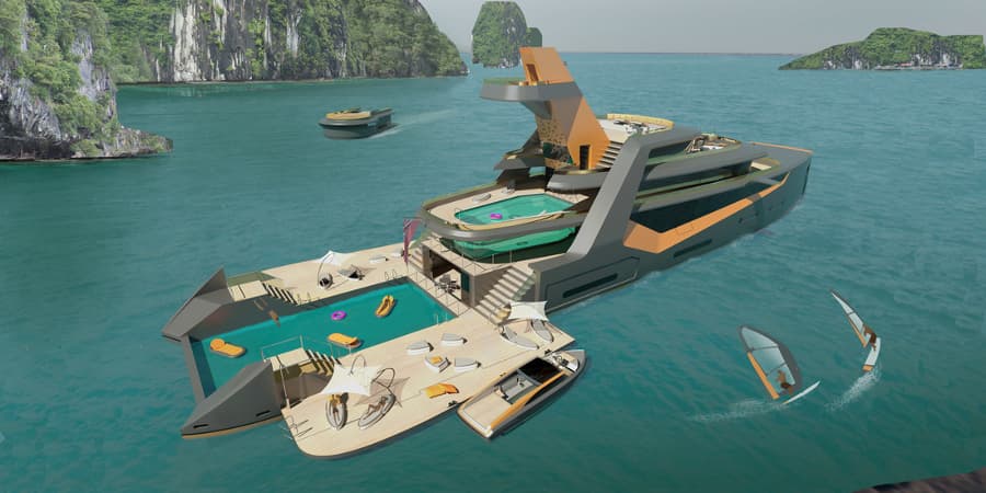 Henry Ward Design 66m Time explorer yacht - aft lodge detached.jpg Leaving a palatial beach area behind (Photo: Henry Ward Design and BMT Nigel Gee)