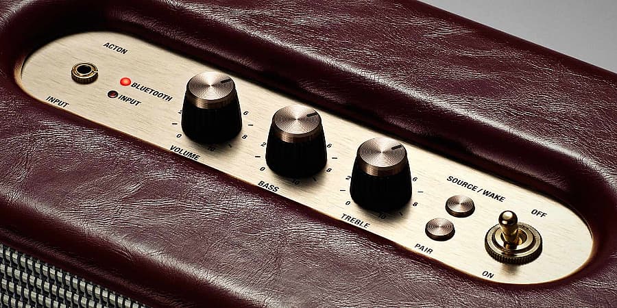 Marshall Headphones Acton Oxblood bluetooth speaker - panel close.jpg Iconic analog knobs epitomize Marshall style (Photo: Zound Industries)