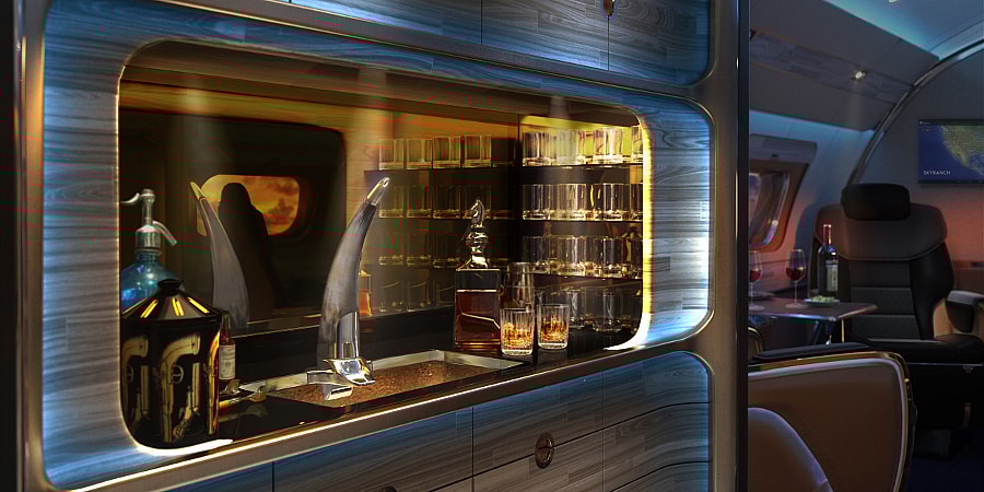 Embraer Lineage 1000E with Eddie Sotto Skyranch One interior - galley.jpg Yes, the galley features a bison horn beer tap (Photo: Sotto Design/Embraer Executive Jet)