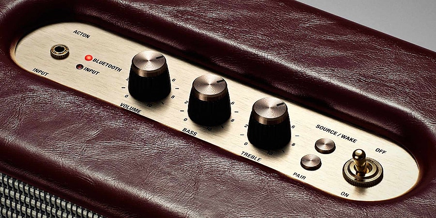 Marshall Headphones Acton Oxblood bluetooth speaker - panel close.jpg Iconic analog knobs epitomize Marshall style (Photo: Zound Industries)