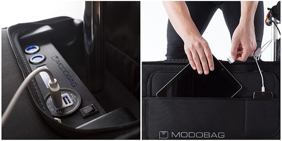 Modobag rideable motorized carry-on luggage - charging.jpg And naturally it charges your electronics along the way (Photo: Modobag)