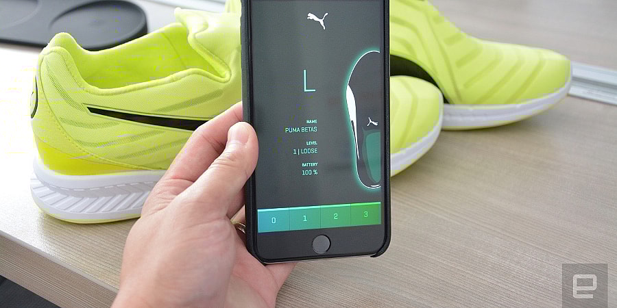 Puma Autodisc self-lacing sneakers - phone screen.jpg Puma's let you check battery levels and adjust tightness from your phone (Photo: Engadget)