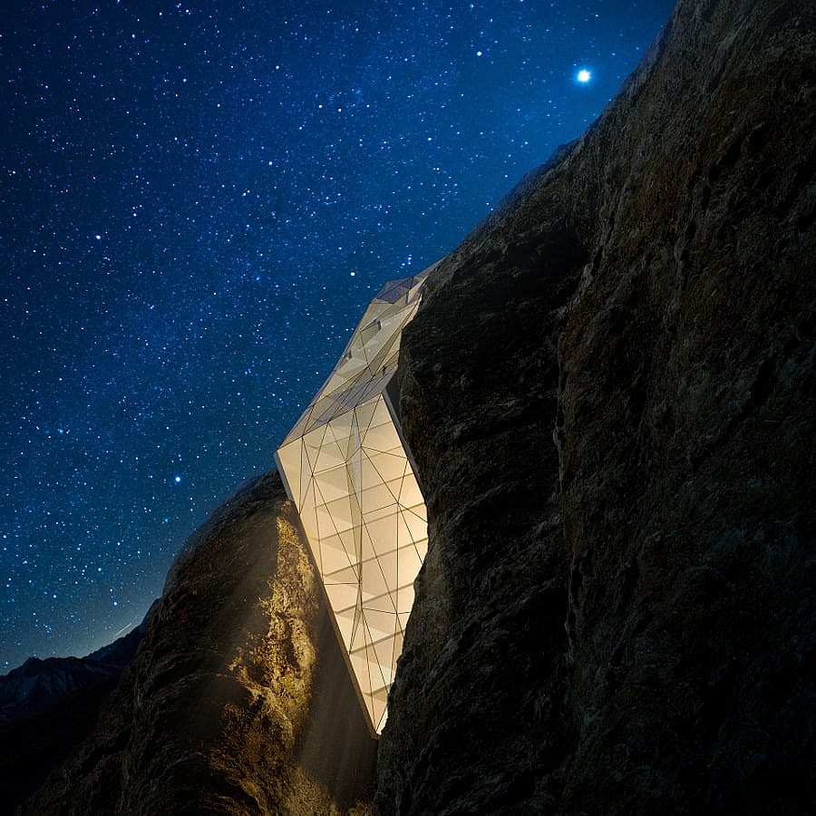 Cliffside Hotel in Alps - night.jpg But the views can't be beat