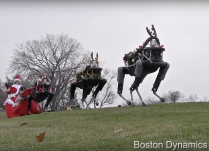 Boston Dynamics Spot robots pulling Santa's sleigh