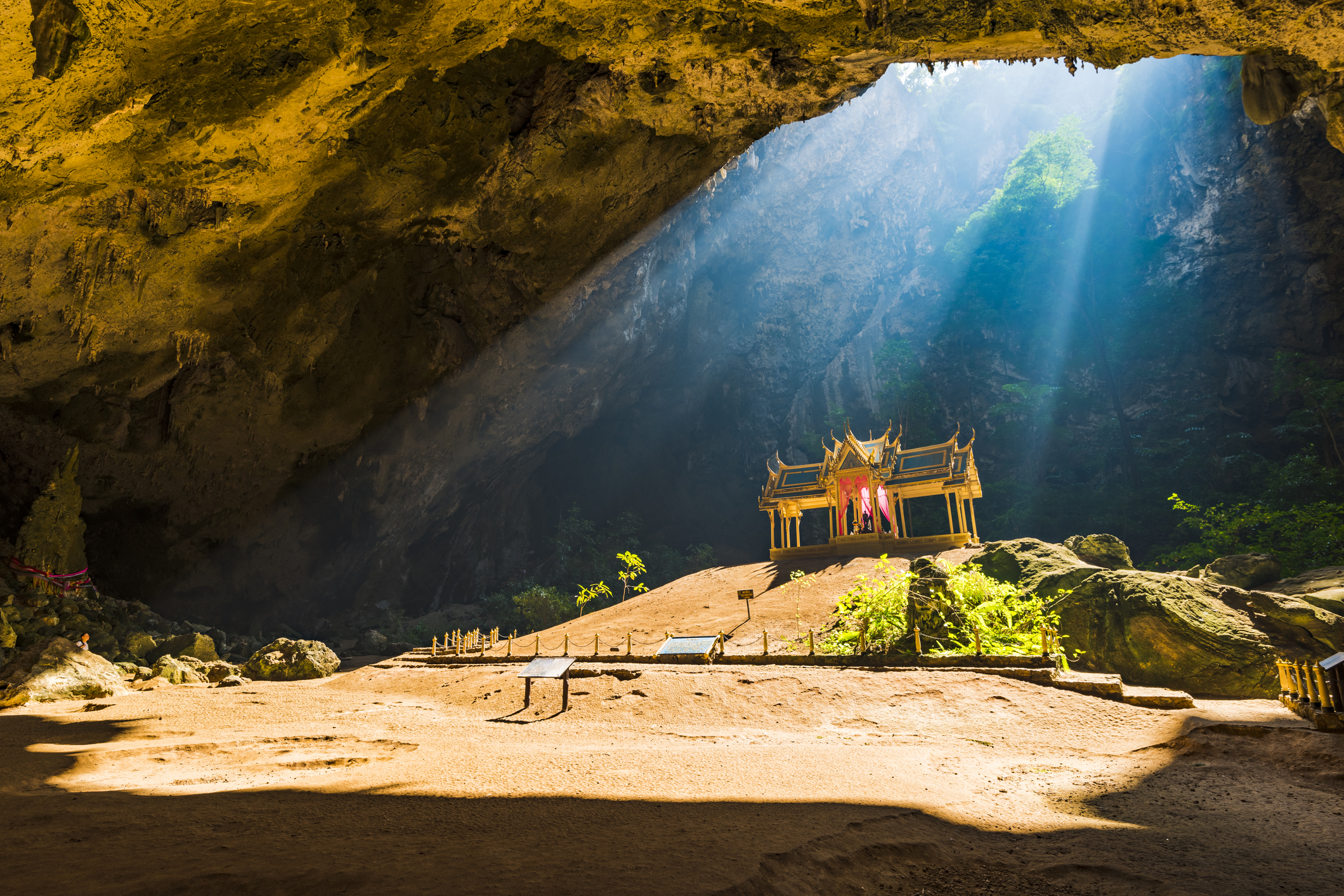 Sun rays hit the 'throne' inside the Phraya Nakhon Cave, Khao Sam Roy Yot national park, Phrachuap Khiri Khan, Thailand.